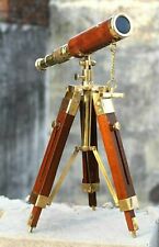 Nautical Brass Leather Covering Telescope Antique With Wooden Tripod Stand Gift picture