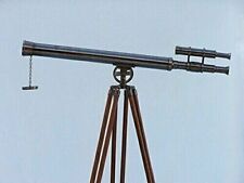 ANTIQUE BRASS TELESCOPE WITH WOOD TRIPOD STAND , NAUTICAL TELESCOPE picture