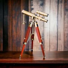 Antique Vintage Nautical Brass Telescope with Adjustable Wooden Tripod Stand picture