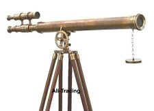 Nautical Antique Floor Standing Brass Telescope W/ Wooden Tripod Stand 64 Inch. picture