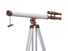 Nautical Leather White Telescope 39 Inch W/ Wooden Tripod Stand Vintage Decor picture