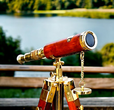 Antique Red Leather Brass Telescope with Wooden Tripod - Unique Showpiece & Gift picture