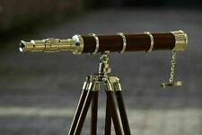 Nautical Antique Brass Marine Telescope with Brown Wooden Tripod Stand Décor picture