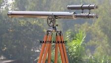 Black Antique Double Barrel Floor Standing Telescope with Tripod Wooden Base picture