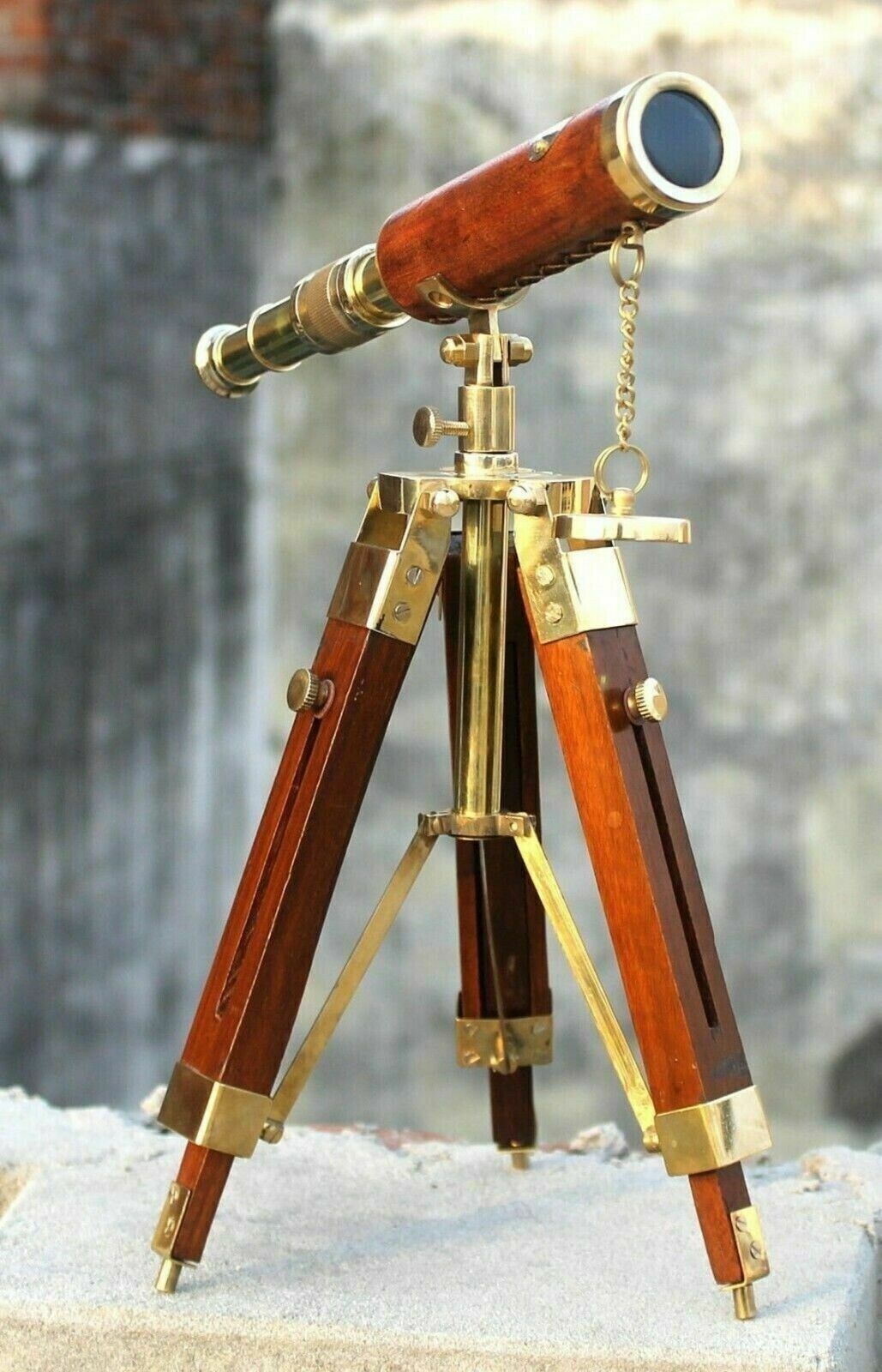 Nautical Brass Leather Covering Telescope Antique With Wooden Tripod Stand Gift