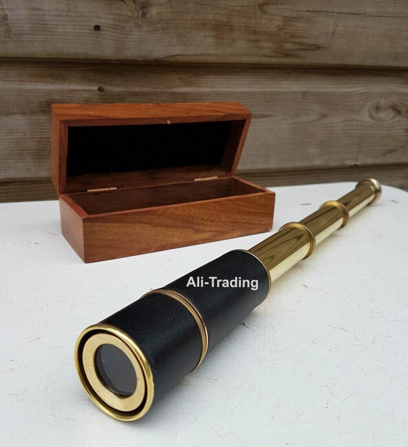 Nautical Vintage Replica Marine Solid Brass Telescope with Wooden Box Free