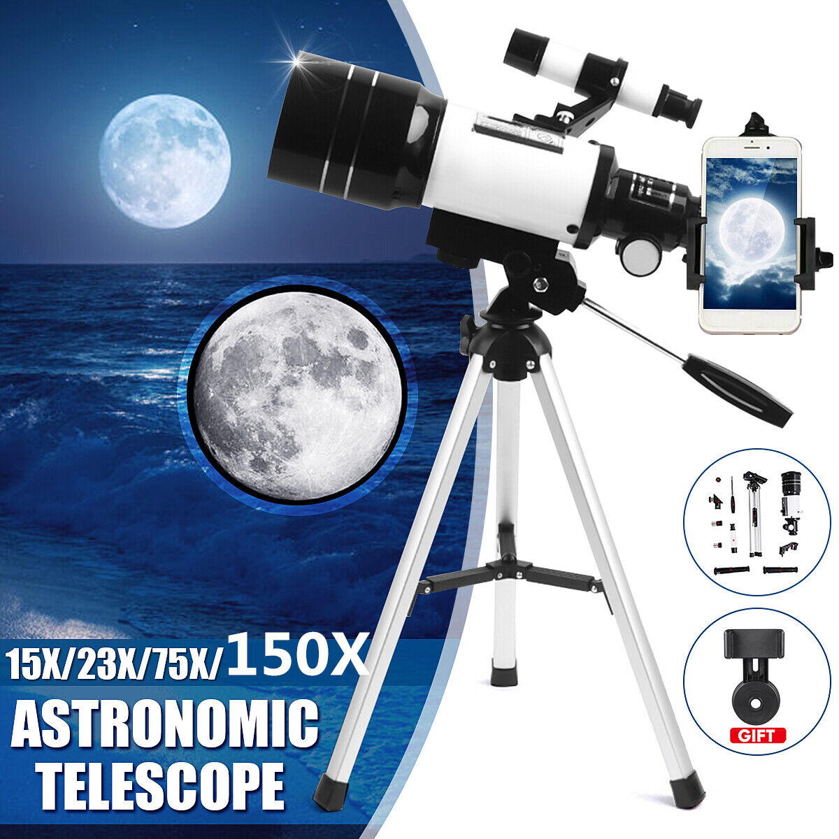 150X 70mm Aperture Astronomical Telescope Refractor Tripod Finder For Beginners