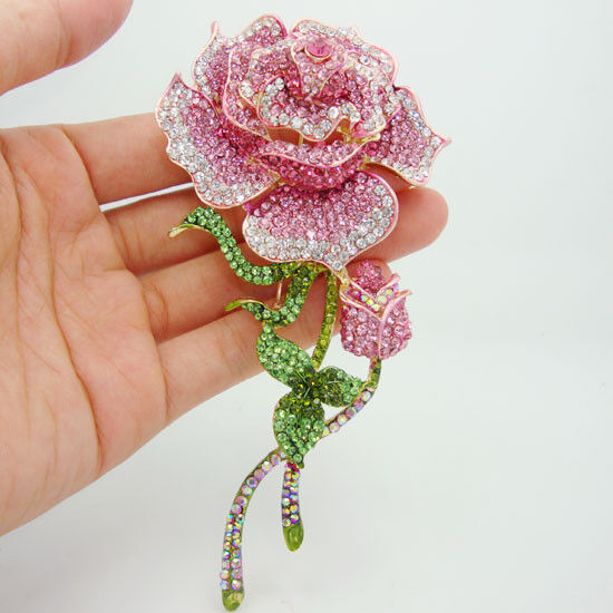 Fashionable Jewelry Rose Bud Gold-tone Pink Rhinestone Crystal Brooch Pin