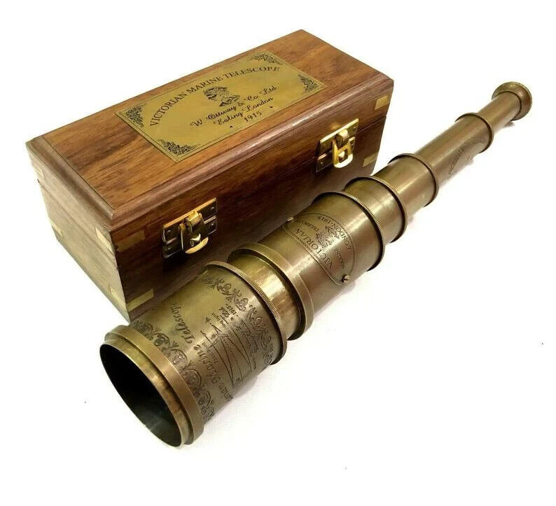 Antique Brass Telescope With Wooden Box Maritime Pirate nautical Spyglass Gift