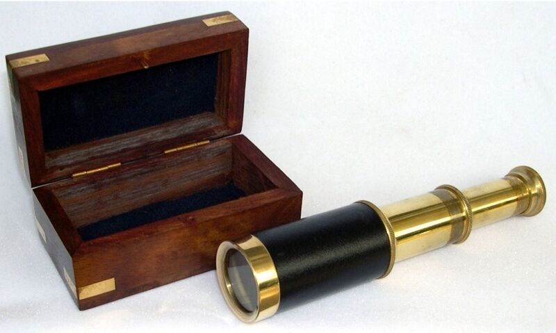 Brass Spyglass Telescope & Wooden Box, New & Very Nice