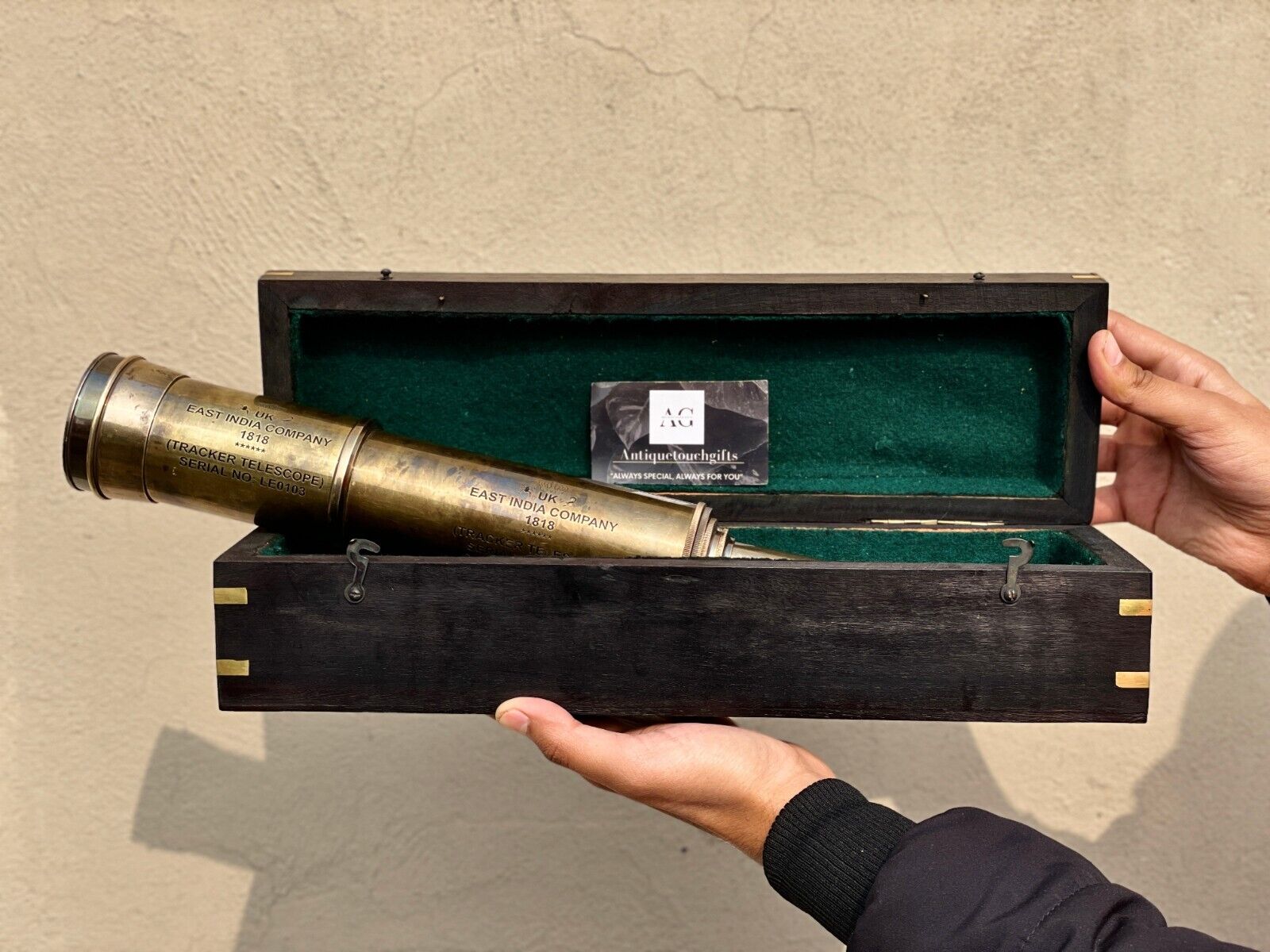 Handmade Brass Telescope: Tracker Spyglass – Antique Nautical Decor with Wooden