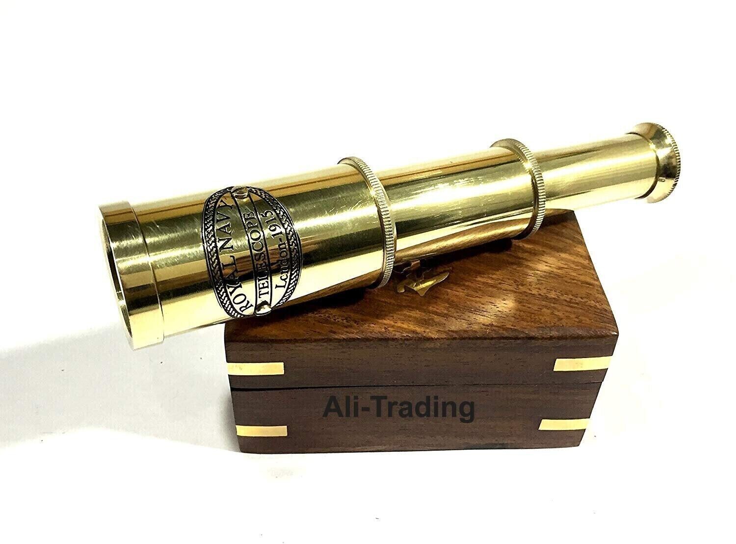 Nautical Royal Navy Replica Brass London 1915 Telescope with Wooden Box Free