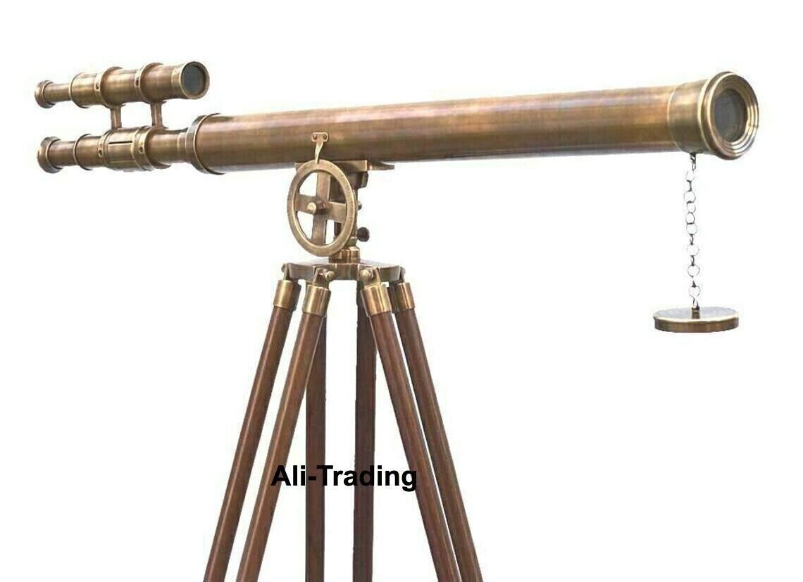 Nautical Antique Floor Standing Brass Telescope W/ Wooden Tripod Stand 64 Inch.