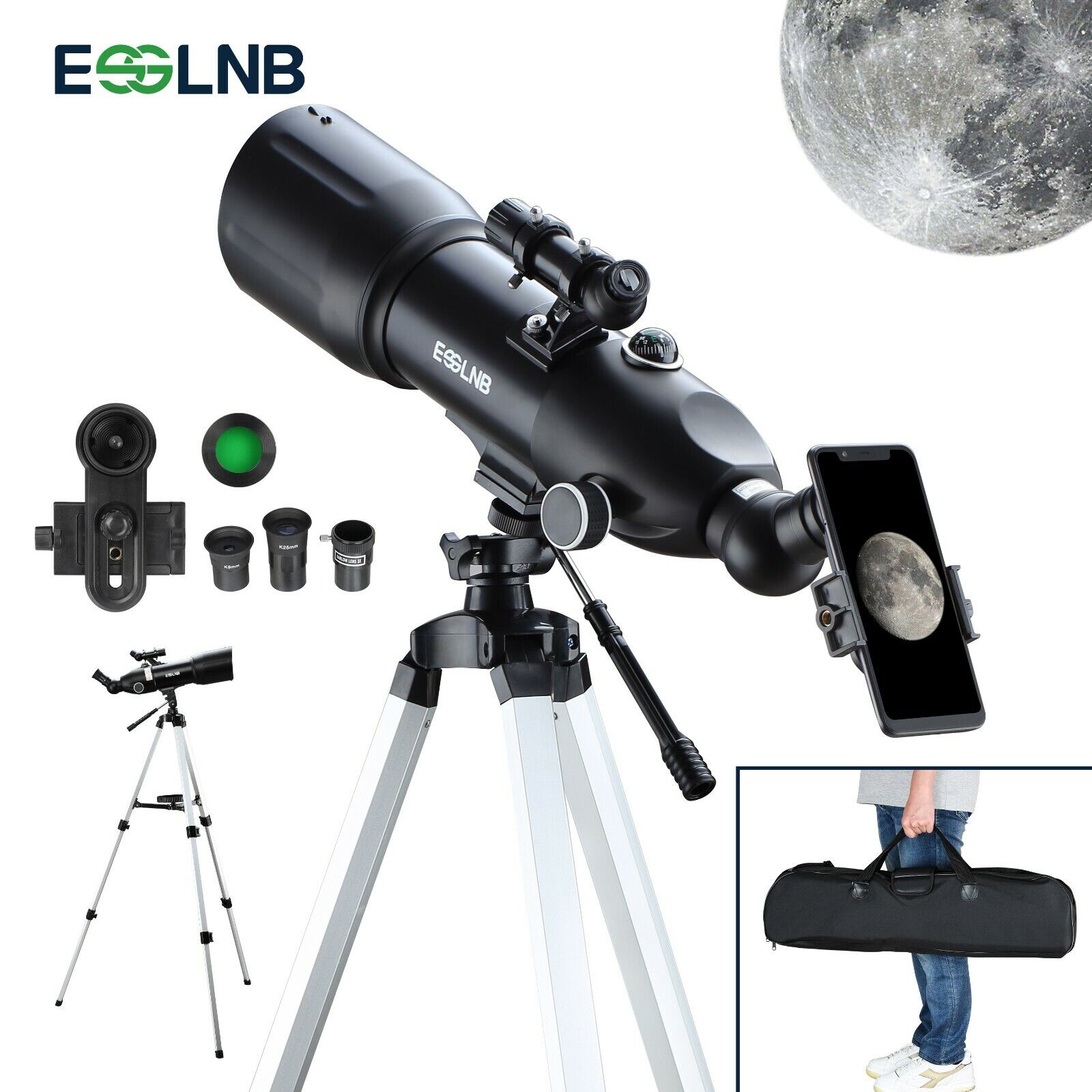 80mm Lens Telescope 16-133X W/ Phone Holder Carry Bag High Tripod Moon Watching