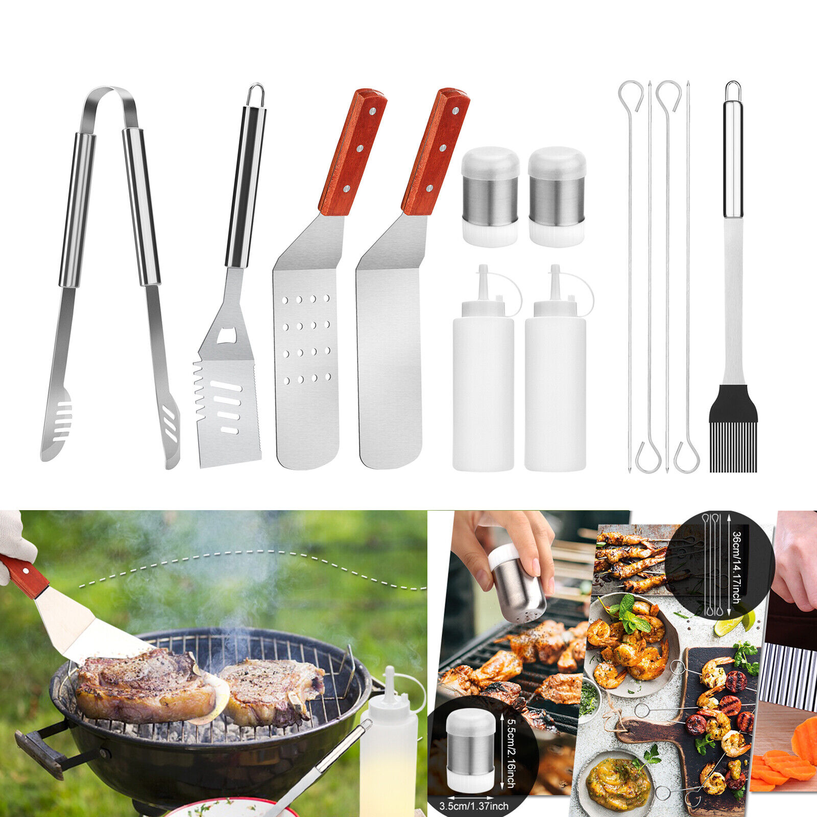 14pcs BBQ Grill Tool Kit Spatula Tongs Brush Fork Skewer Kitchen Stainless Steel