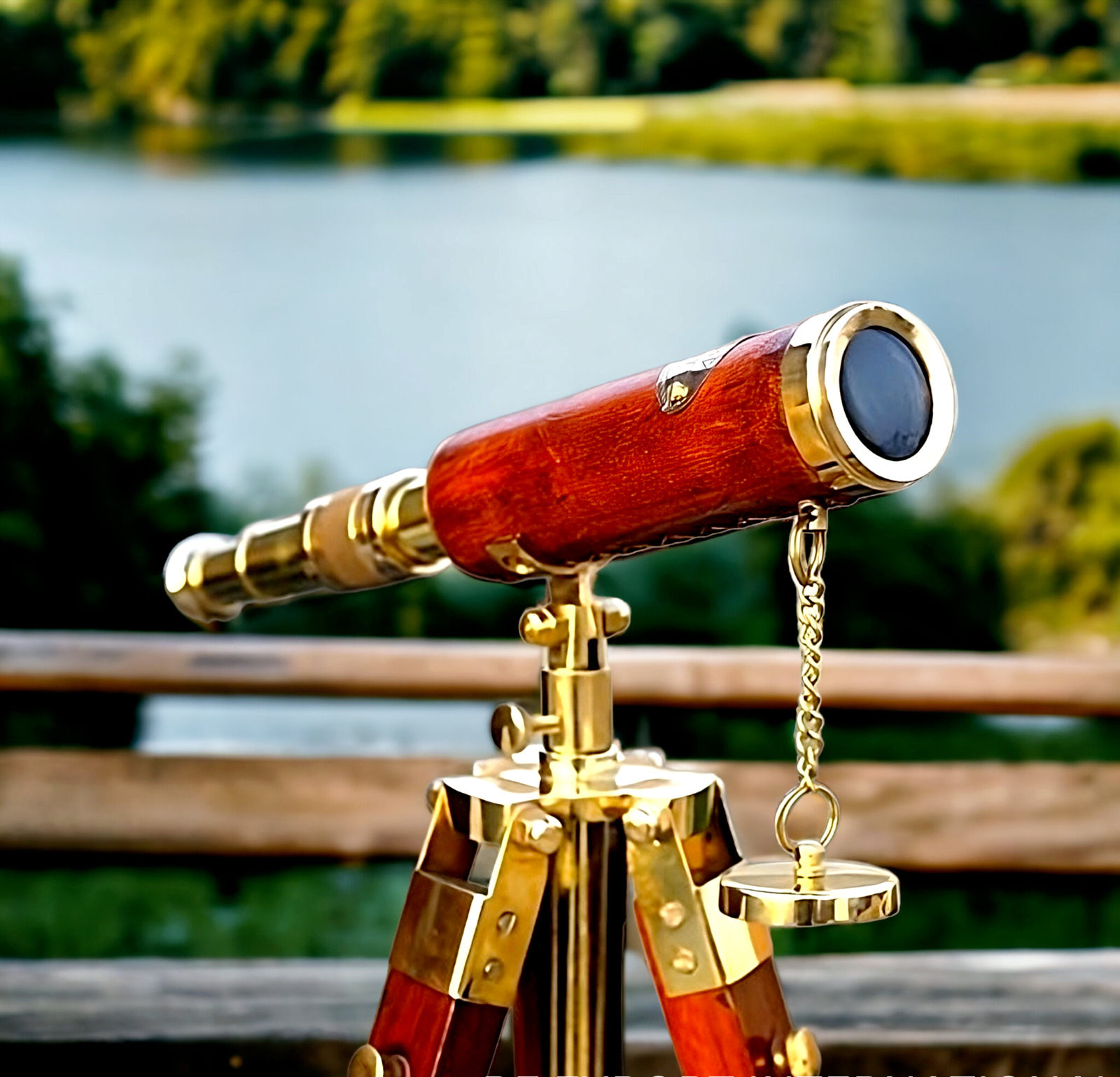 Antique Red Leather Brass Telescope with Wooden Tripod - Unique Showpiece & Gift