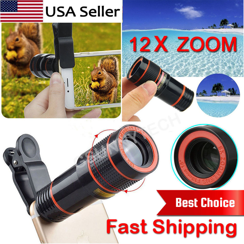 HD 12x Optical Zoom Clip on Camera Lens Phone Telescope For Universal Cell Phone