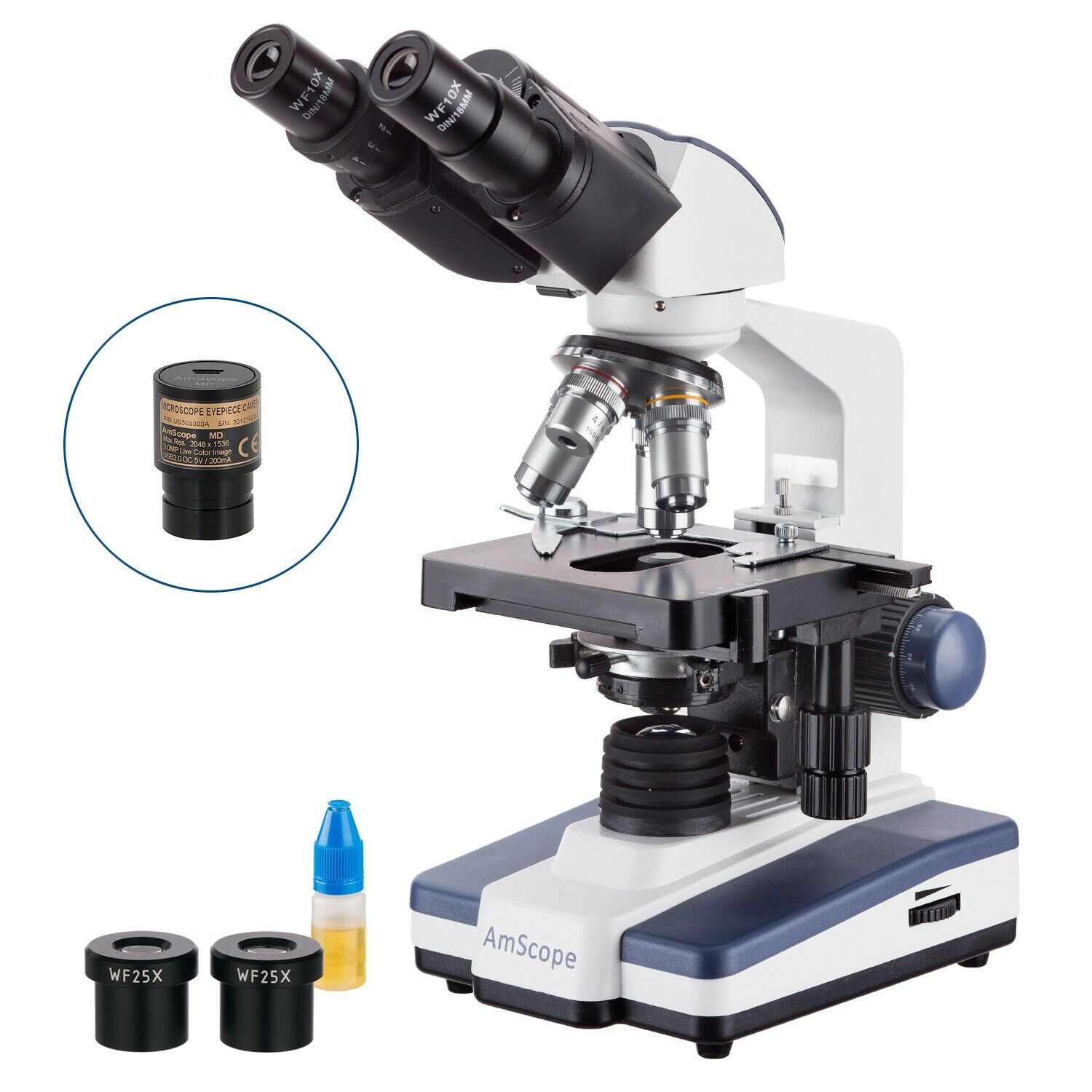 AmScope 40X-2500X Binocular LED Compound Microscope Siedentopf Head +.3MP Camera
