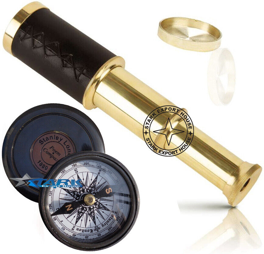 Solid Marine Brass Telescope Binoculars 7 -inch With Brass Compass 2 inch