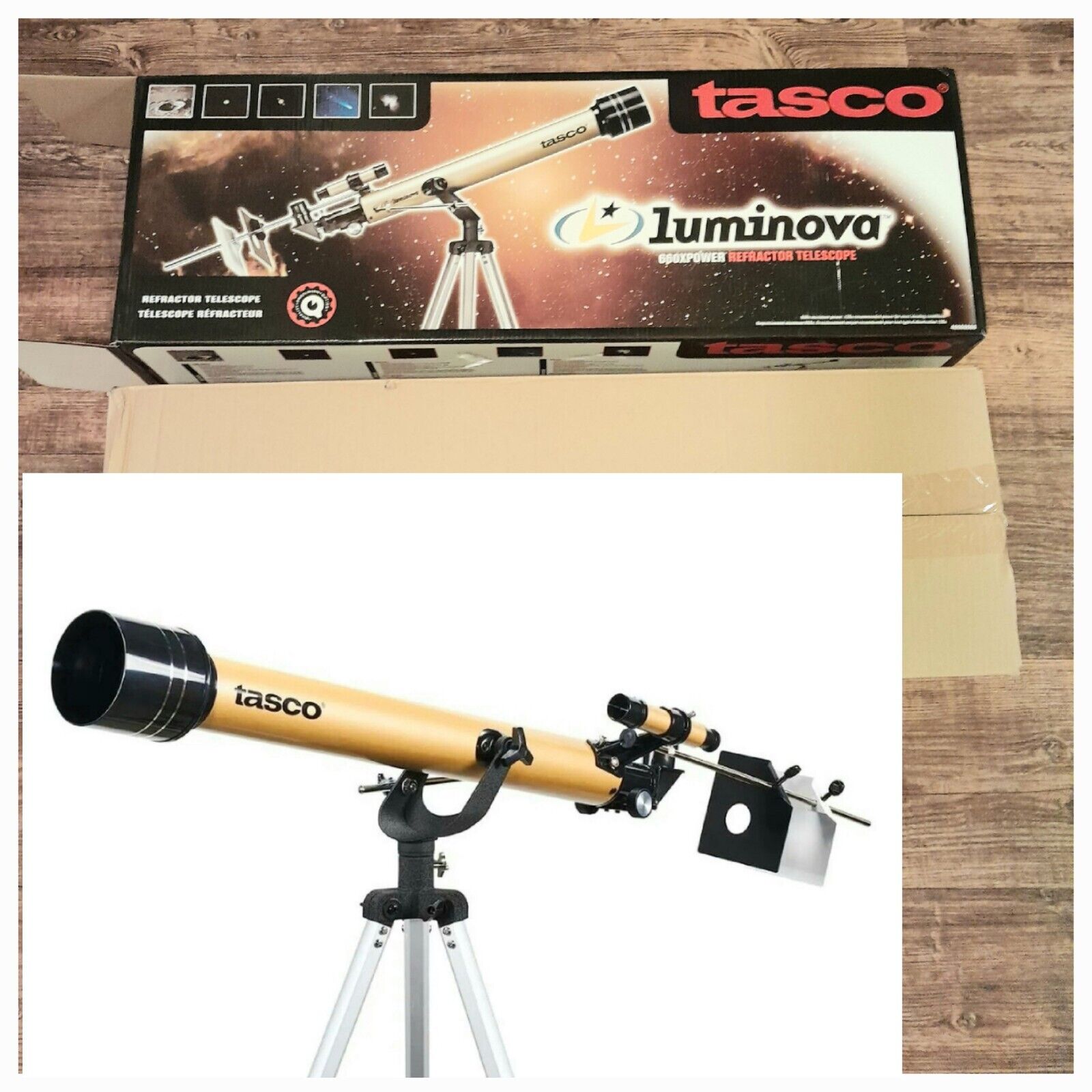 Tasco Luminova 660 x 60mm Refractor Telescope, Tripod, Moon Lens, Barlow  NEW 