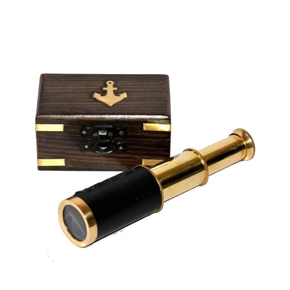Vintage Brass Telescope Pirate Spyglass Black Leather With Wooden Box Gift Item