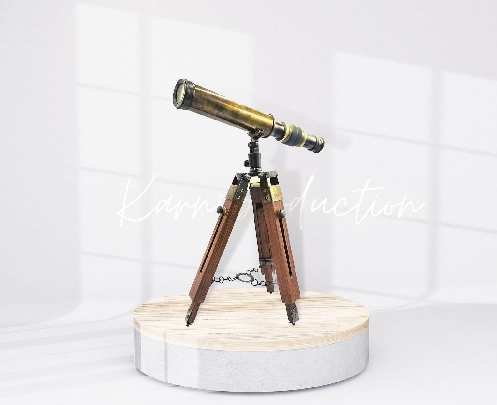 Antique Telescope With Tripod Wooden Stand Single Barrel Adjustable Spyglass