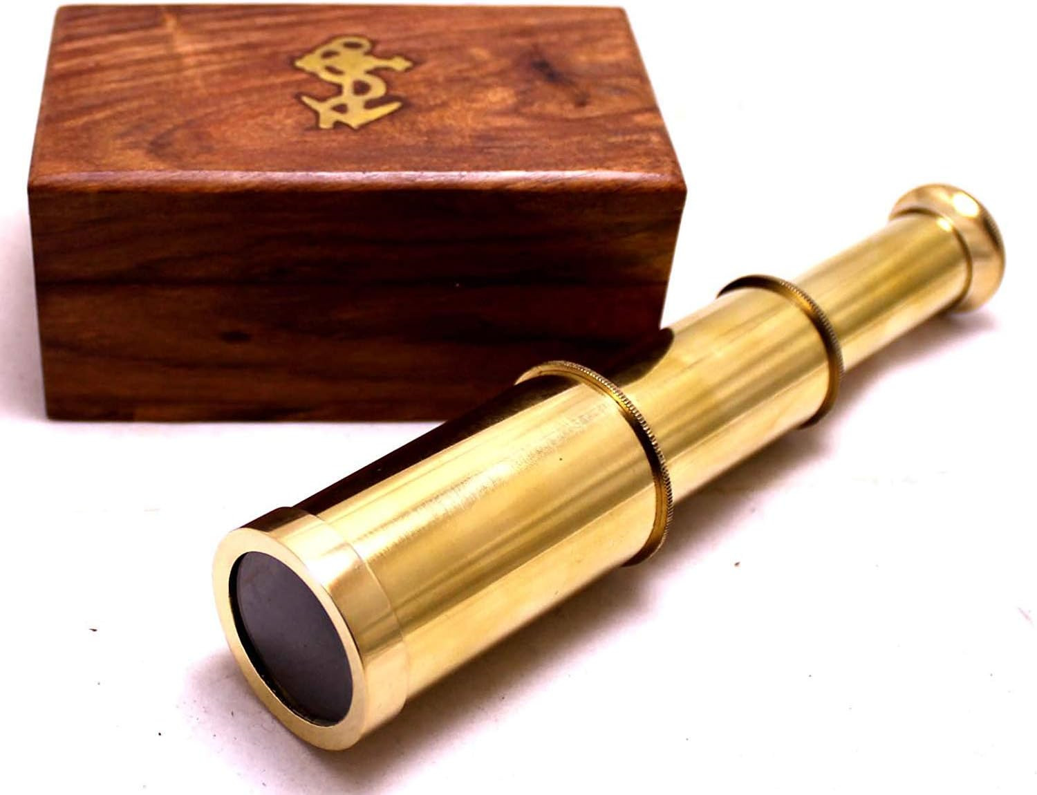 Captains 6 Brass Handheld Mini Telescope with Wooden Box Nautical Collectibles