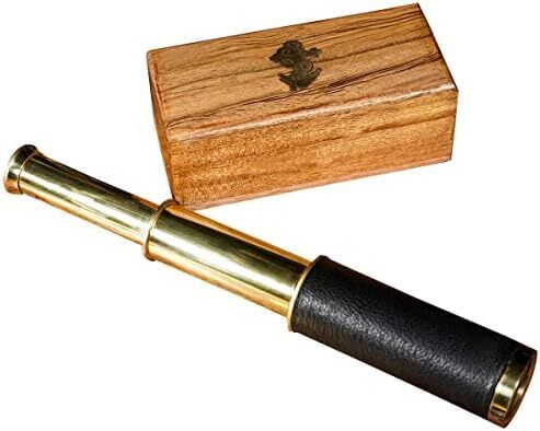 Mini Pirate Spyglass Telescope Brass Collapsible Hand Telescope with Wooden Box 