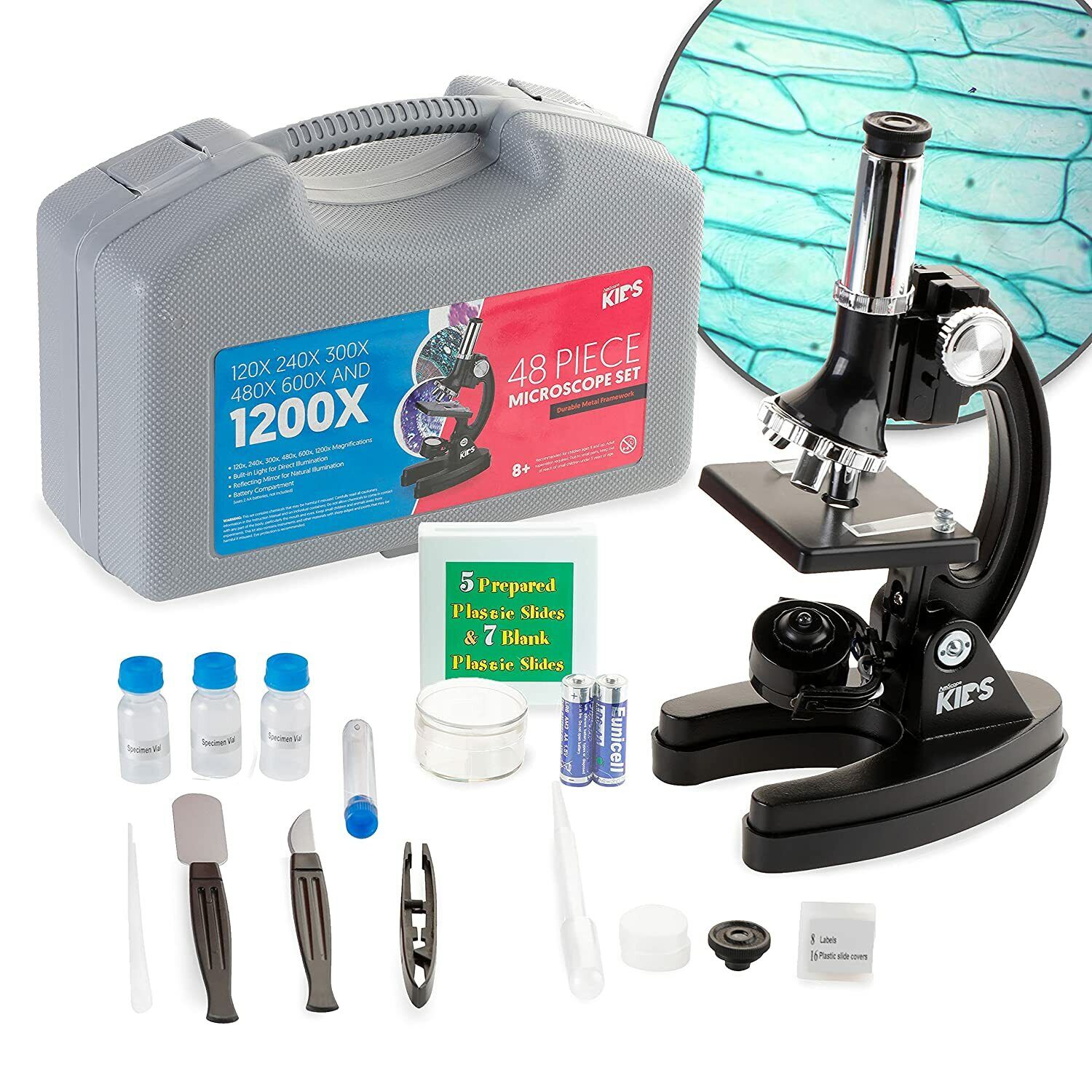 AMSCOPE 48pc Starter 120x-1200x Compound Microscope Science Kit for Kids (Black)