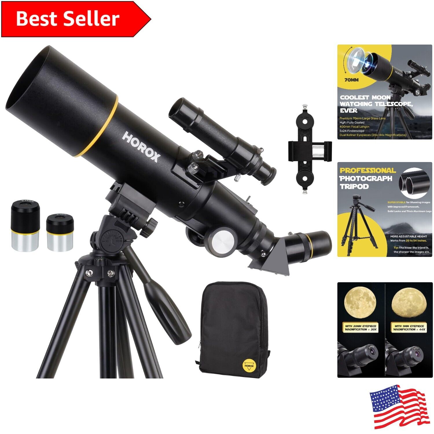 Refractor Telescope for Adults - 70mm Aperture, 400mm Focal Length, Pro Tripod