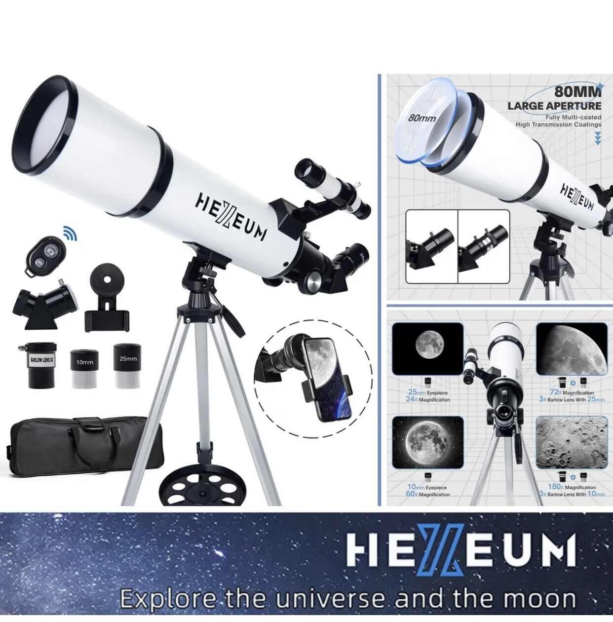 HEXEUM AZ80600 Telescope 80mm Aperture 600mm | Phone adapter w/remote NIB