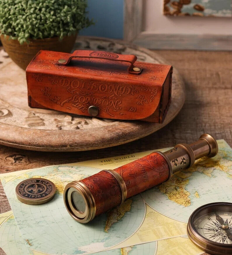 Antique Vintage Telescope With Leather Case Golden Pirate Spyglass For Decor