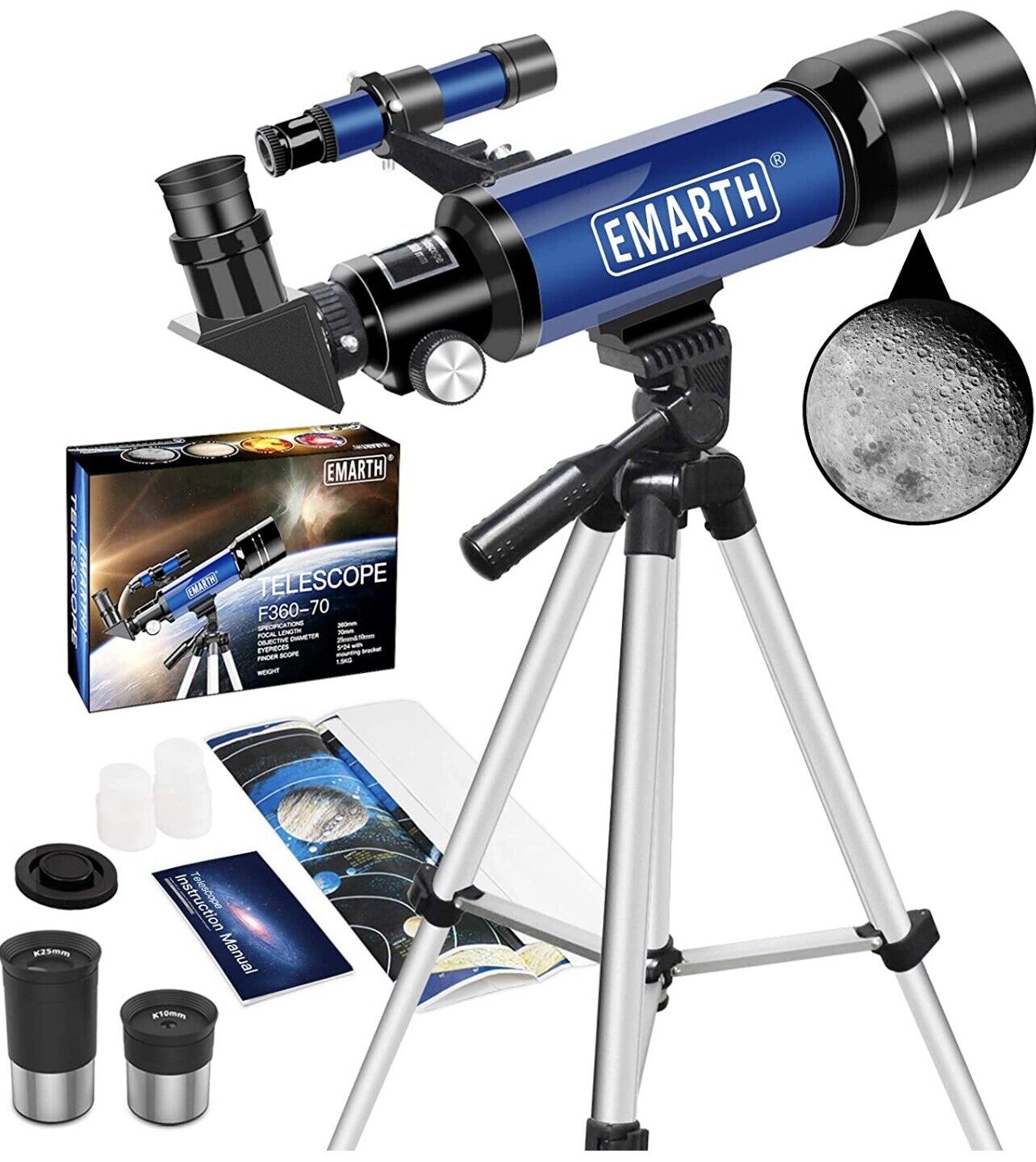 Emarth Telescope, 70mm/360mm Double Eyepieces Refractor Telescope with Tripod 