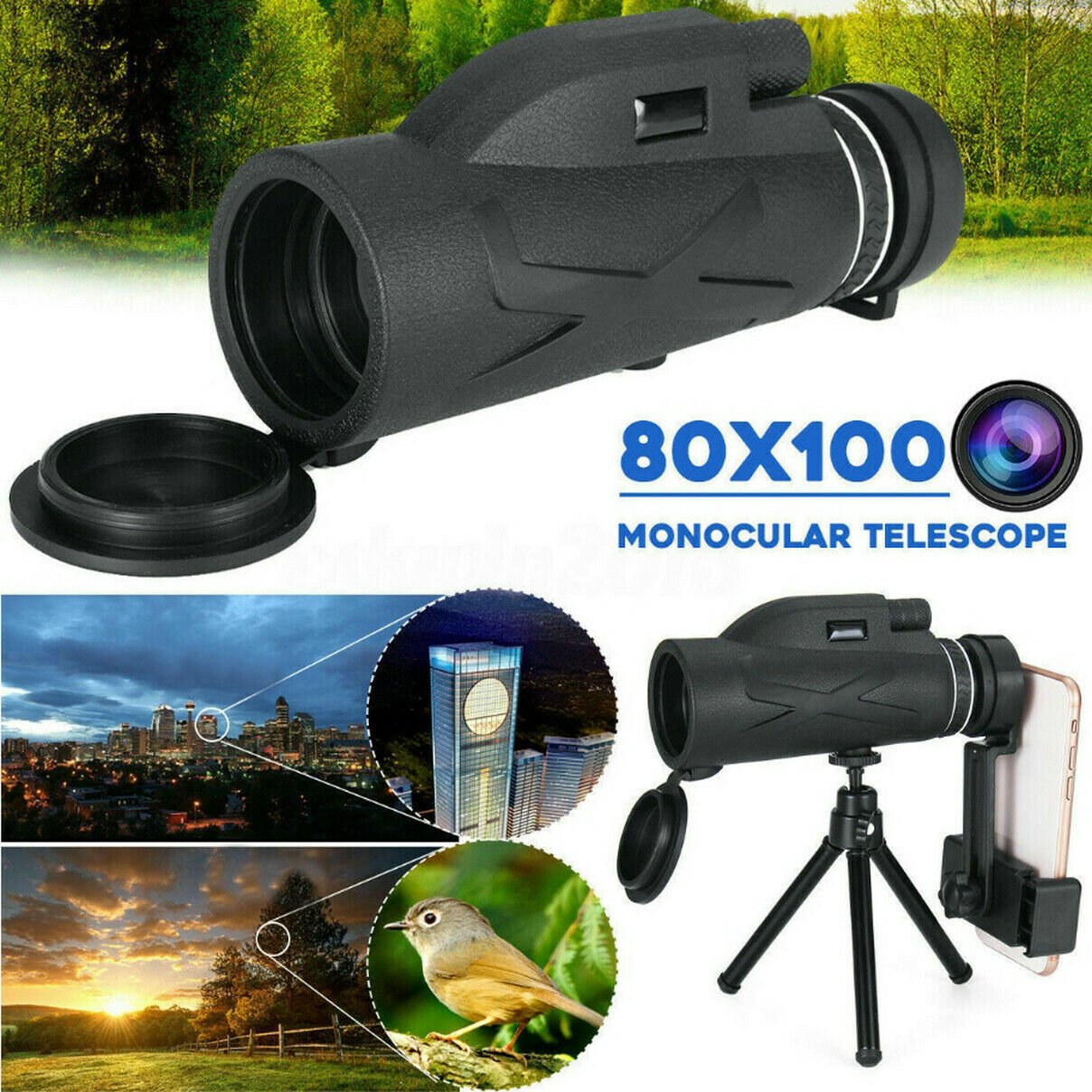 BAK4 80X100 Zoom HD Lens Prism Hiking Monocular Telescope with Tripod Phone Clip