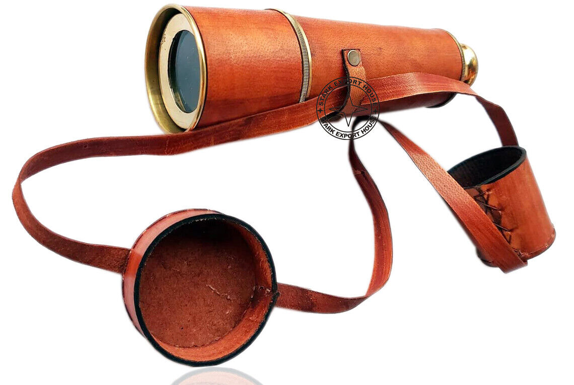 Solid Marine Brass Telescope Binoculars 17-inch with Long Leather Box