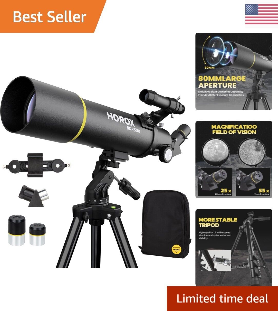 80mm Aperture Refractor Telescope for Adults & Kids - Pro Tripod & Phone Adapter