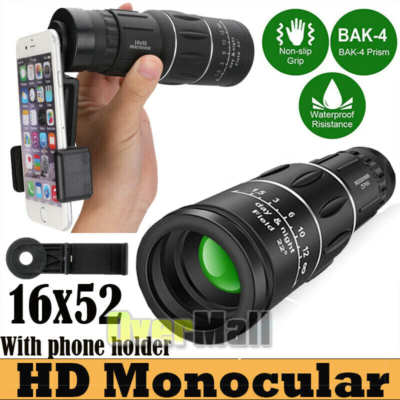 16x52 Zoom HD Vision Monocular Telescope Hunting Camera HD Scope + Phone Holder