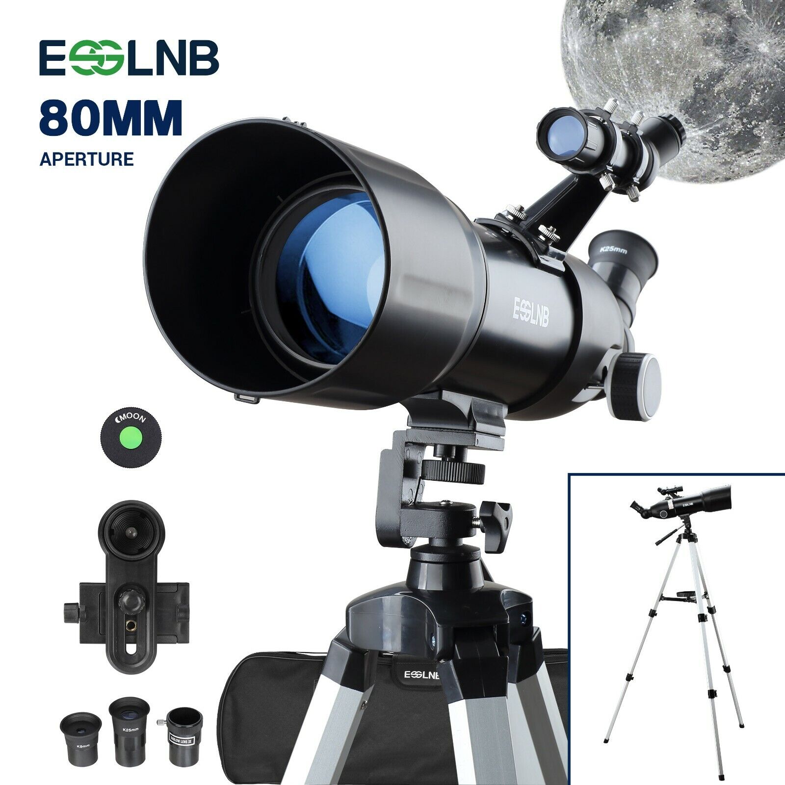 80mm Large Lens Telescope 16-133X with High Tripod Mobile Adapter Moon Watching