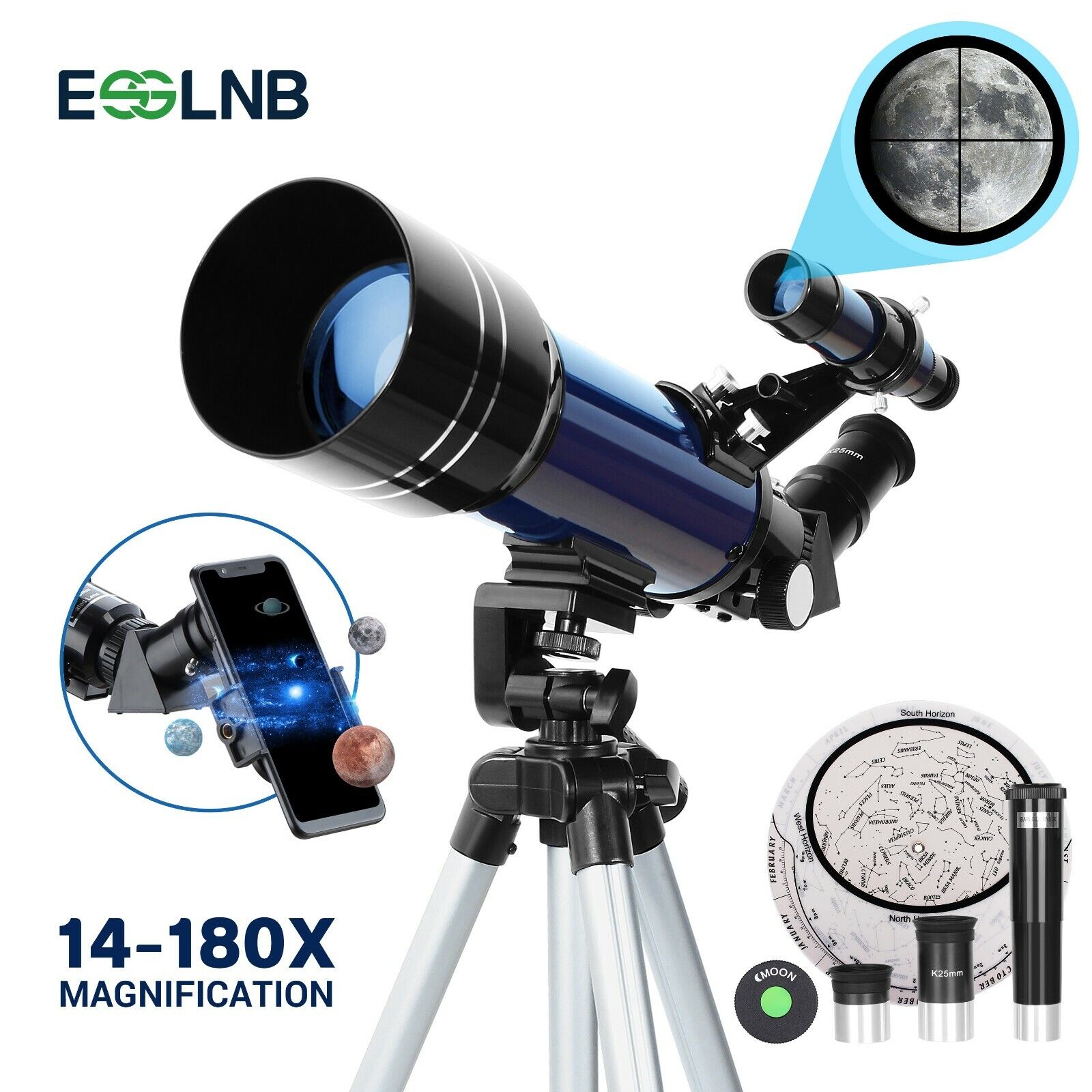 70mm Telescope W/ Mobile Adapter High Tripod 14-180X for Moon Watching Kids Gift