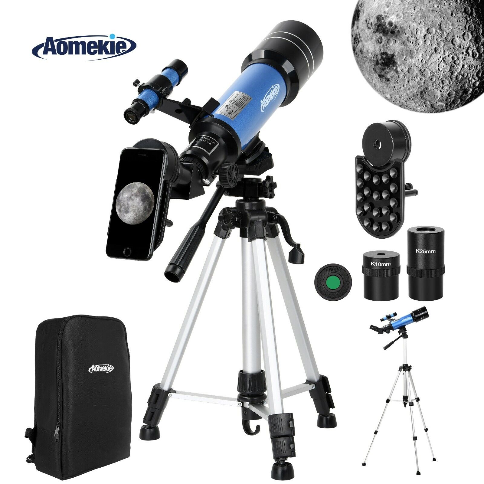 70mm Lens Telescope with High Tripod Backpack 120X for Moon Watching Kids Gift