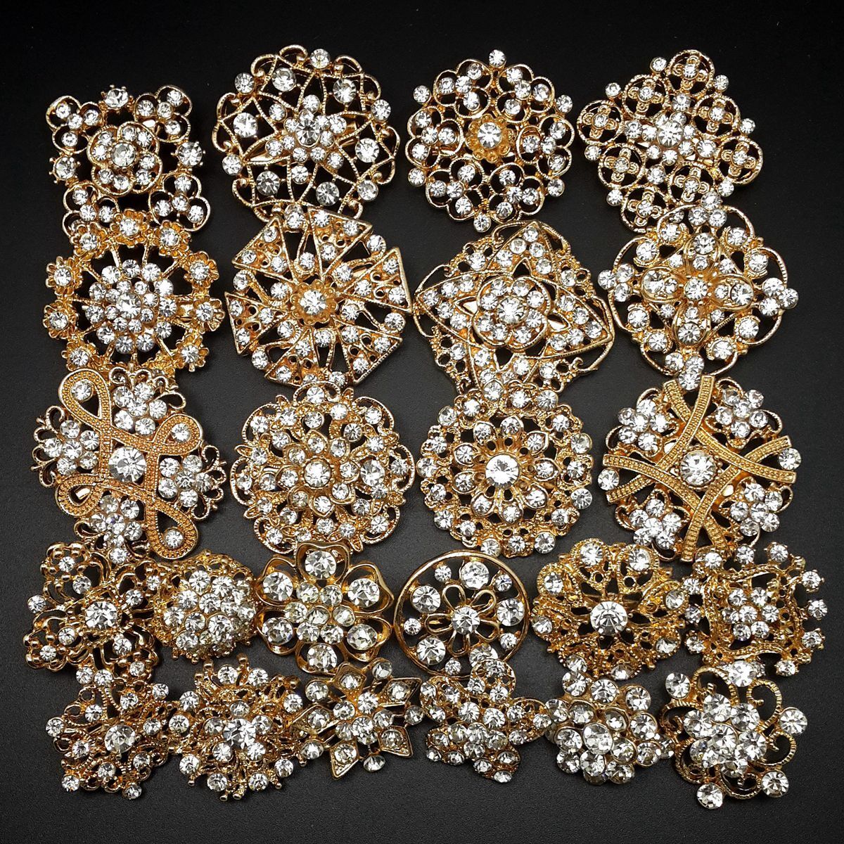 MEEJOA 24pc Mixed Alloy Gold Rhinestone Crystal Brooches Pin DIY Wedding Bouquet