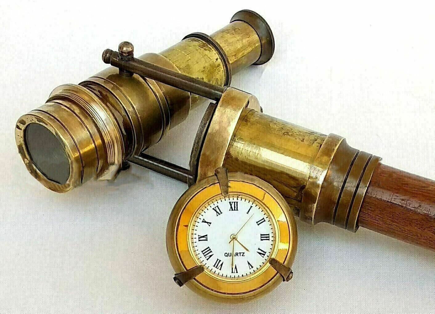 Vintage Telescope Solid Brass With Walking Working Stick Cane Walking Clock