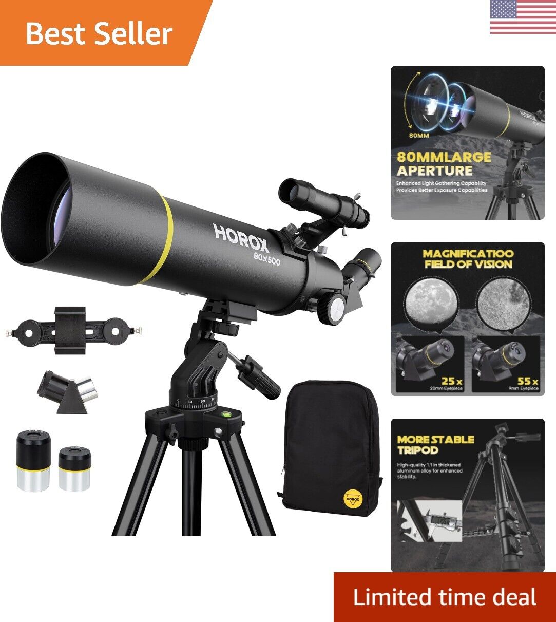 80mm Aperture Refractor Telescope for Adults & Kids - Pro Tripod & Phone Adapter