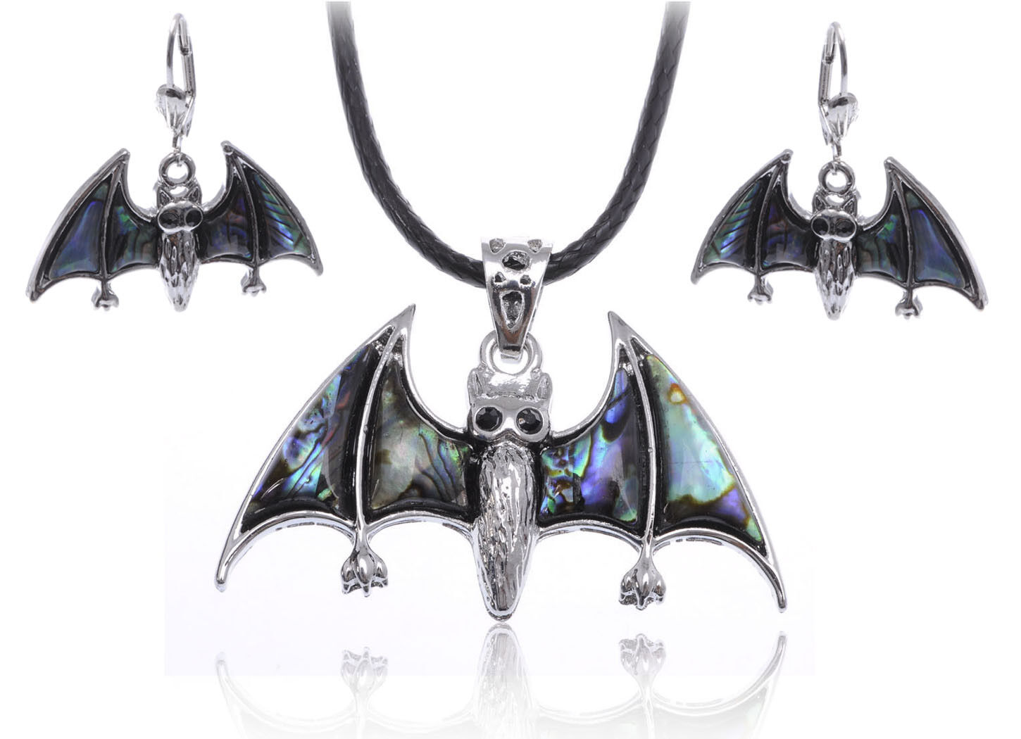 Tiny Spooky Faux Abalone Winged Bat Silver Tone Fashion Earring Necklace Clr Set