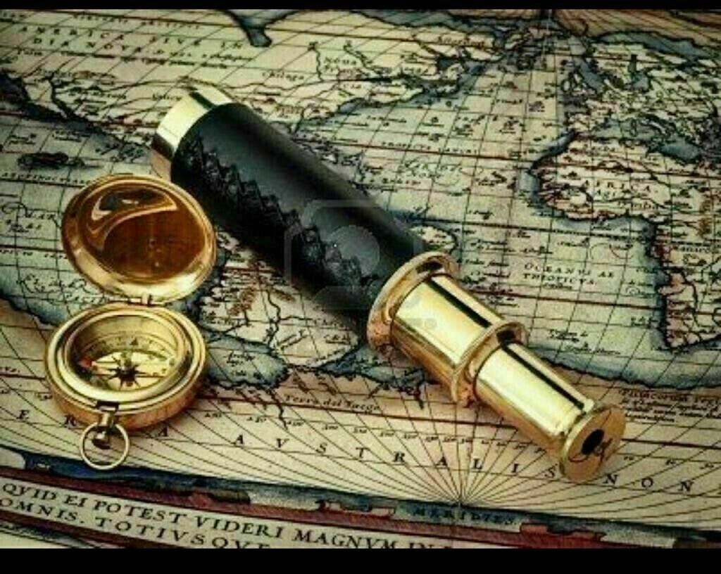 Nautical Brass Pocket Push Button Compass & 6\'\' Vintage Brass Pocket Telescope
