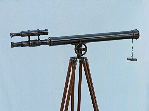 ANTIQUE BRASS TELESCOPE WITH WOOD TRIPOD STAND VINTAGE NAUTICAL