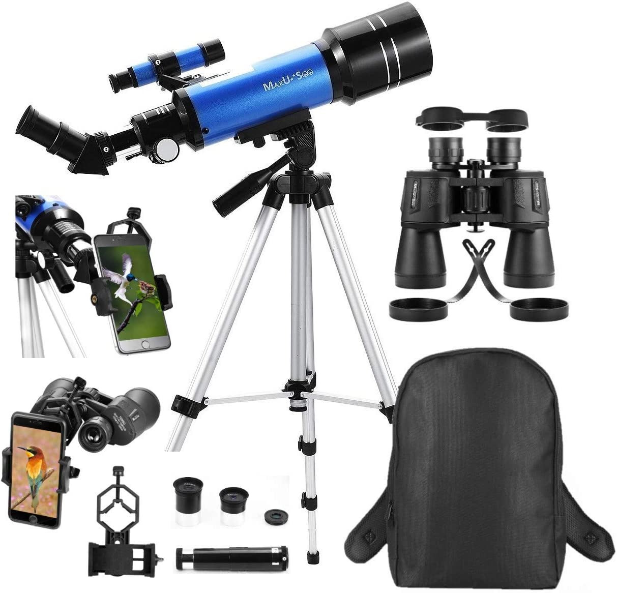MaxUSee Travel Telescope & 10X50 HD Binoculars Set - Moon, Birds - F40070+10X50