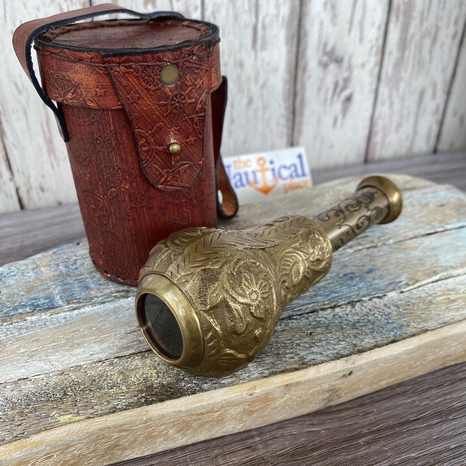 Victorian Style Etched Brass Telescope w/ Wooden Box - Antique Finish - Nautical