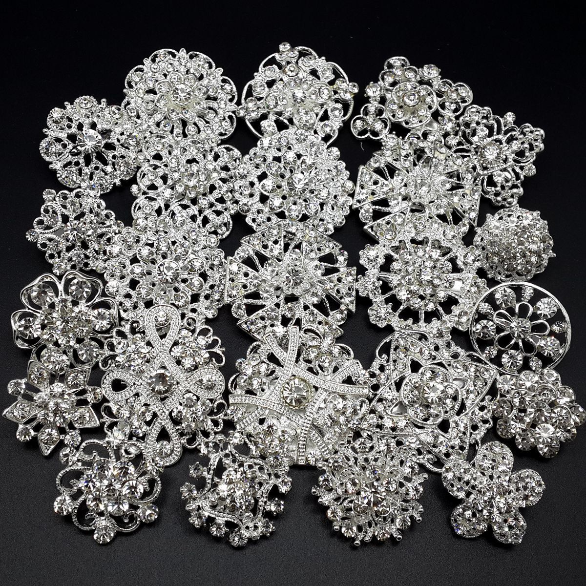 24pc/lot Mixed Silver Rhinestone Crystal Brooches Pin DIY Wedding Bridal Bouquet