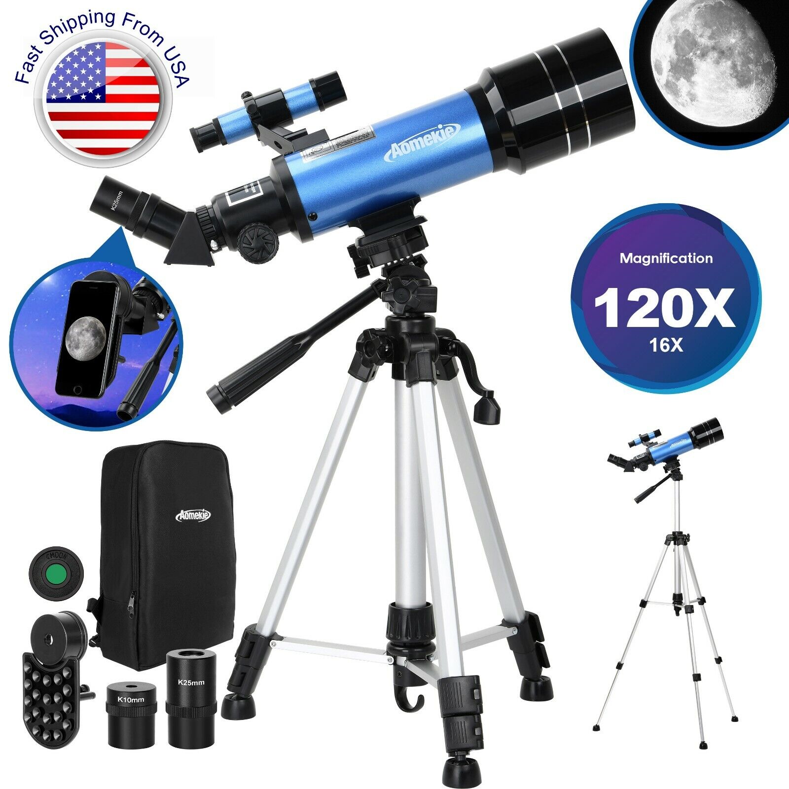 120X Telescope Astronomical with Adjustable Tripod Backpack for Beginners Gift